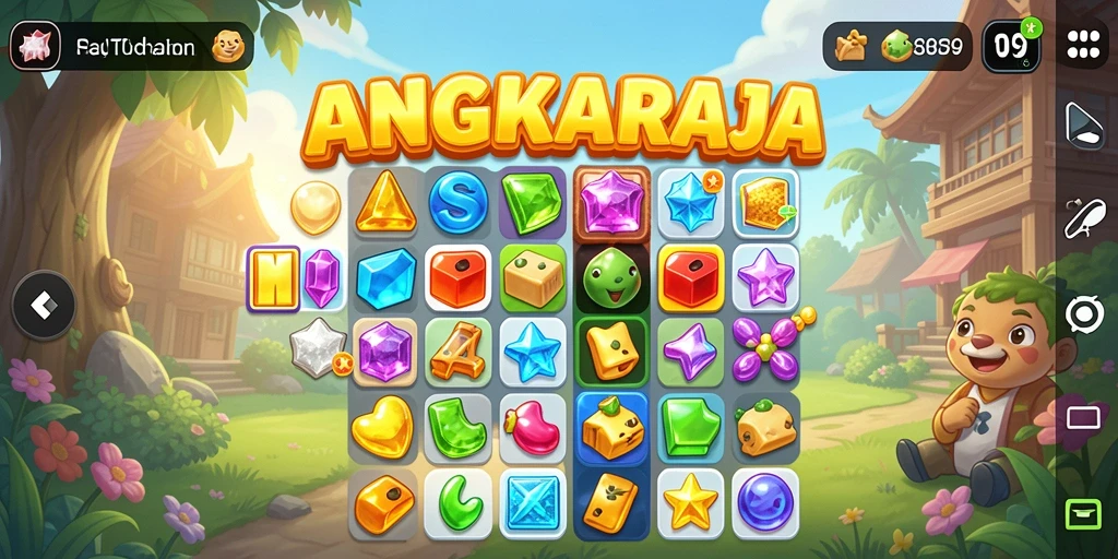 Tampilan gameplay ANGKARAJA dengan elemen-elemen Match-3 yang penuh warna.