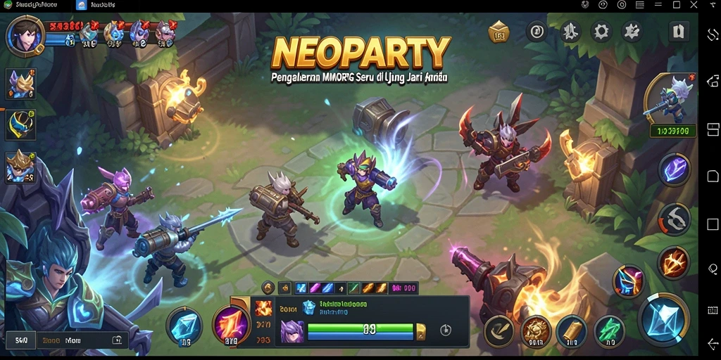Screenshot utama NEOPARTY menampilkan pertempuran epik dalam dunia MMORPG.
