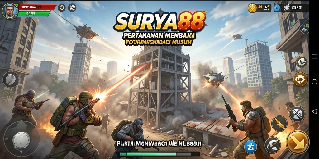 Tampilan gameplay SURYA88 dengan menara yang berfungsi dan musuh menyerang.