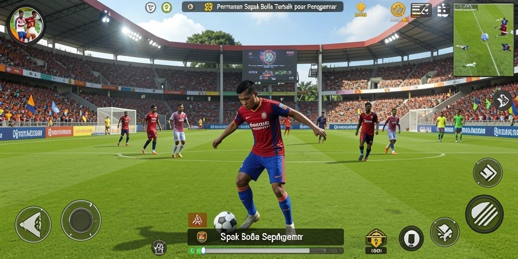 Screenshot V98 yang menampilkan aksi intense di lapangan sepak bola.
